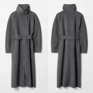 NWT & Other Stories Funnel-Collar Wool Coat Grey Melange Extra Small